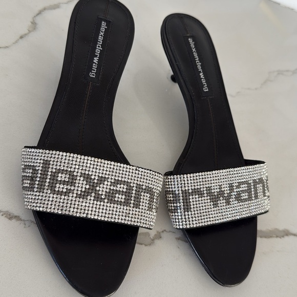 Alexander Wang Black Jo Crystal Logo Slide Silver Sandals Kitten Heel Size 36/ 6 - Picture 14 of 16